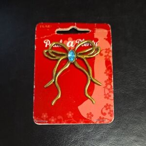 Elegant Gold Antique Look Bow Brooch with Blue Marquis Gemstone Petals a Plenty